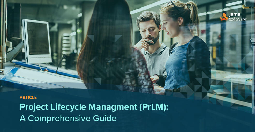 This image shows people working together and portrays project lifecycle (PrLM) management.