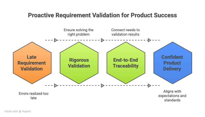 Four part chart showing the Proactive Requirement Validation for Product Success