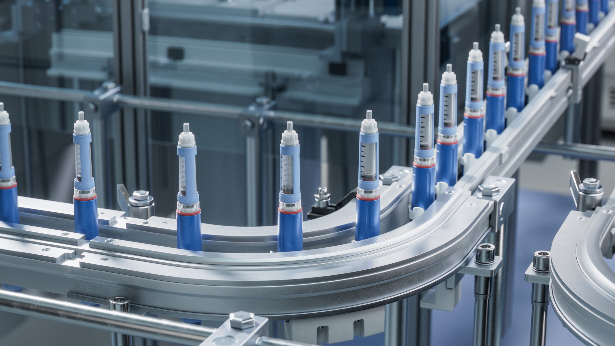 Medical Injector Pens on Conveyor Belt at Modern Pharmaceutical Factory. Insulin Pen on Production Line. Weight Loss Medication Manufacturing. Medical Drug Production Plant.
