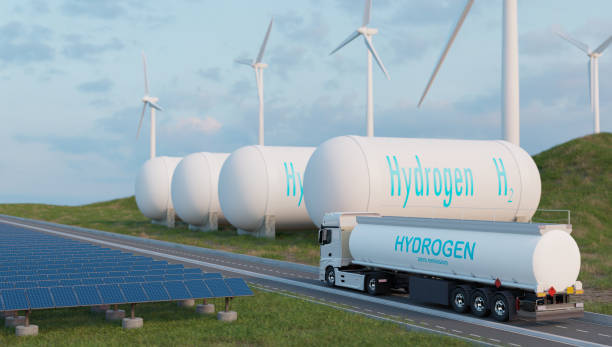 Hydrogen fuel transportation and storage, green power and zero emissions energy, 3d illustrations rendering