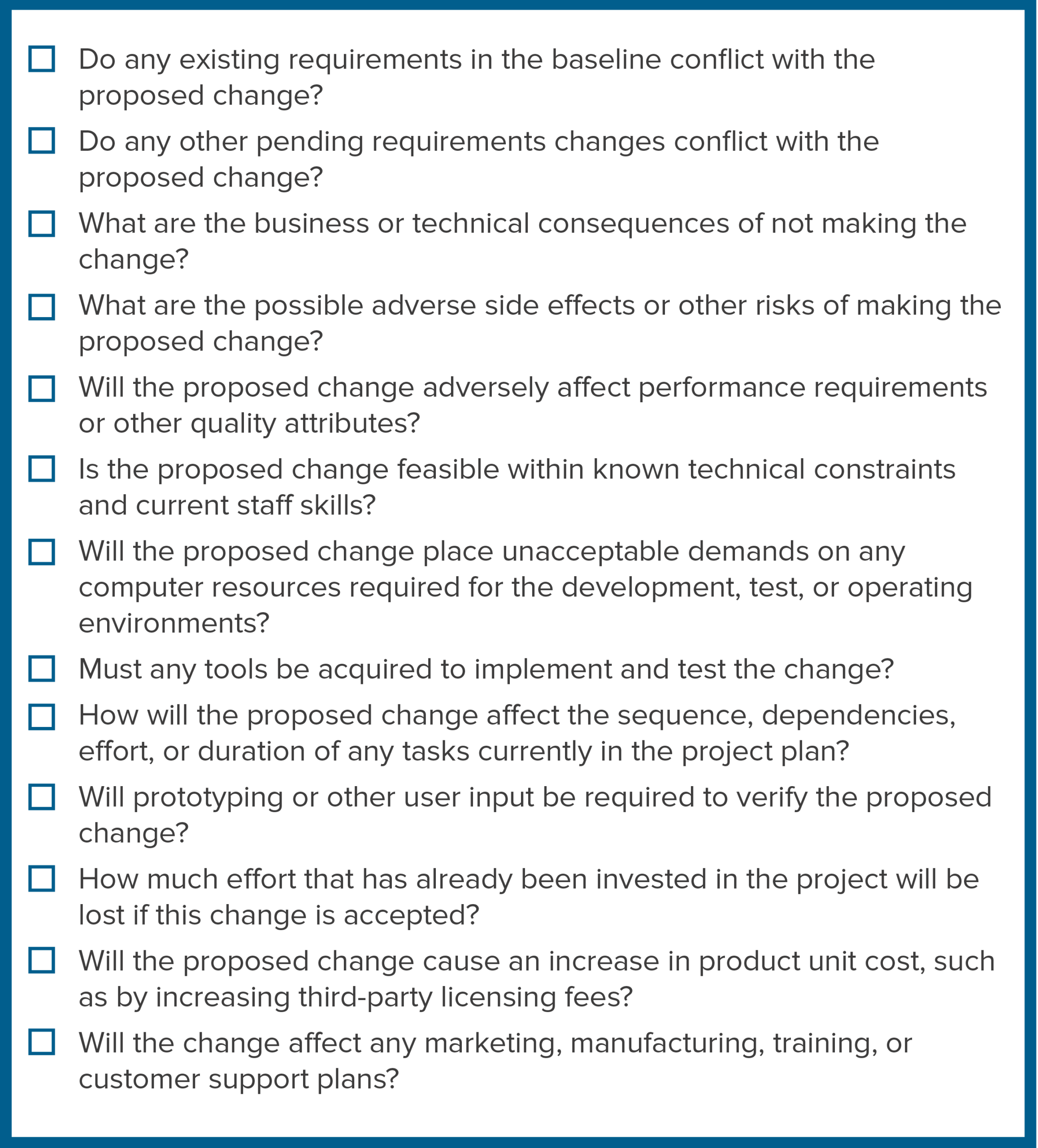 Checklist of possible implications of a proposed change.
