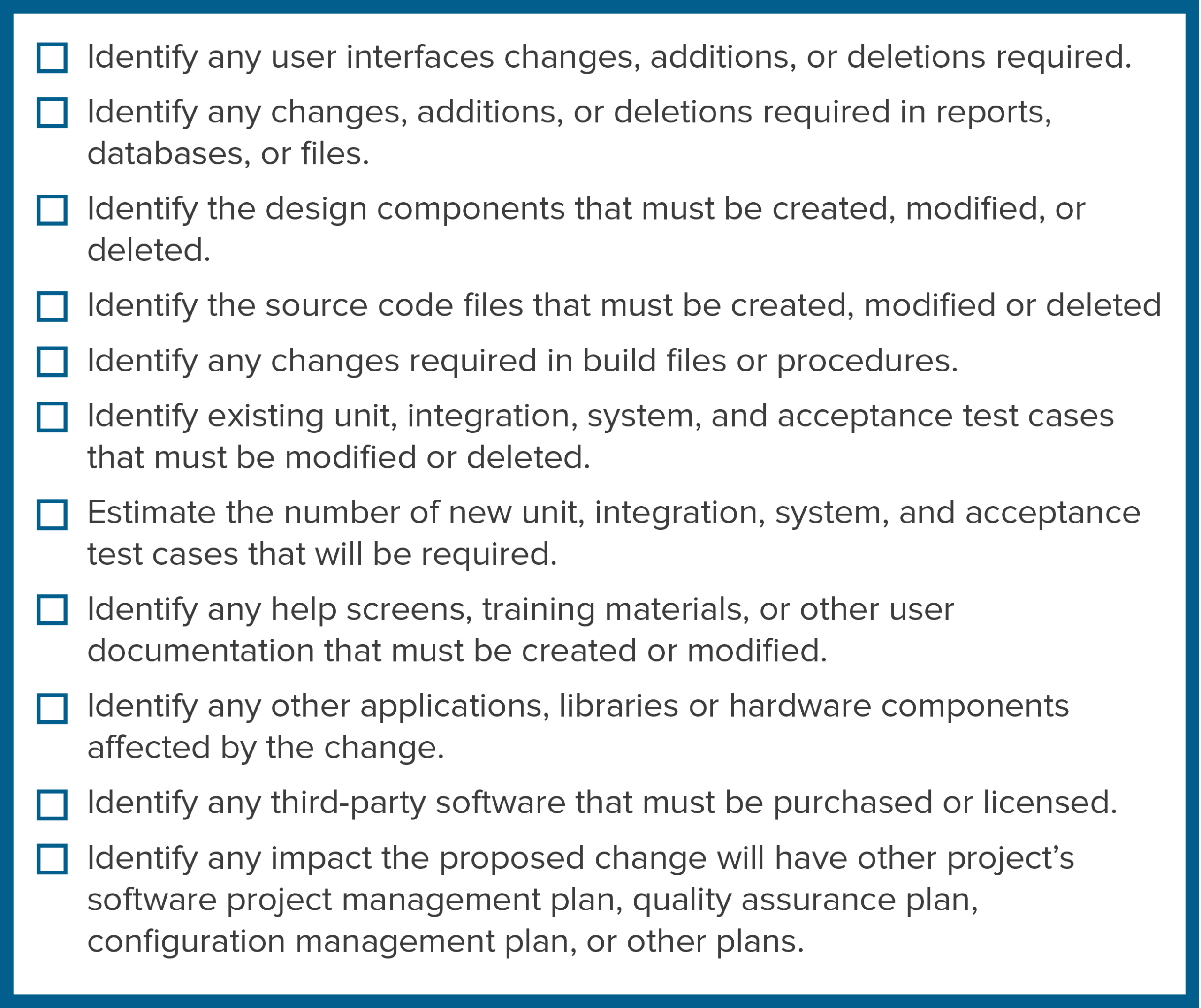 Checklist of possible software elements affected by a proposed change.