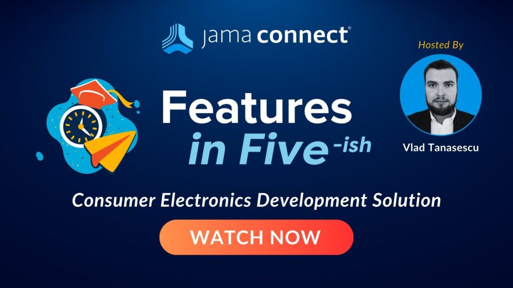 Headshot of the host of this video, on the topic of the Consumer Electronics Development Solution in Jama Connect.