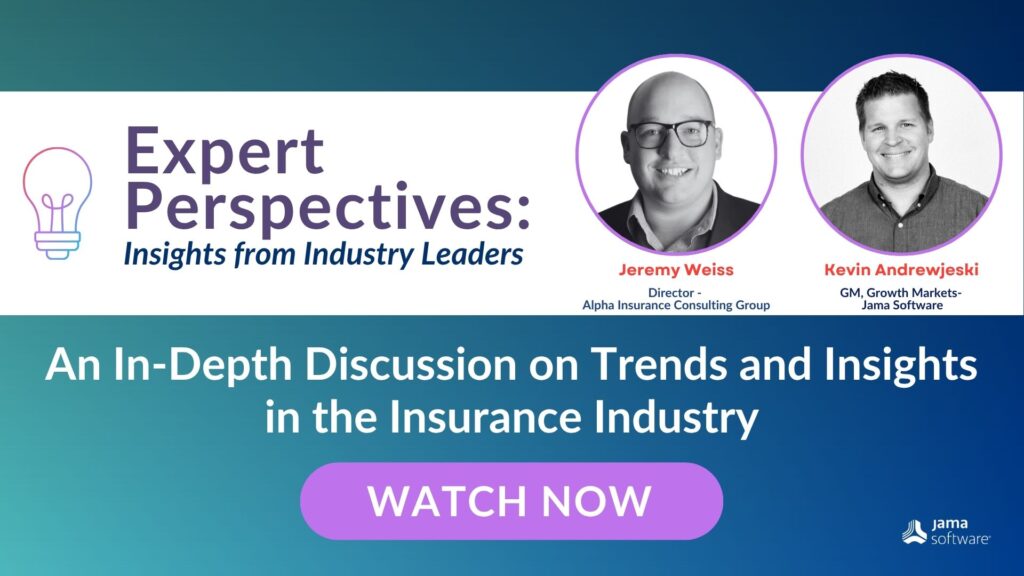 Two headshots of speakers talking about insurance industry trends.
