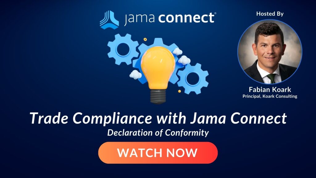 Blue gears and yellow lightbulb alongside host information on the topic of trade compliance.