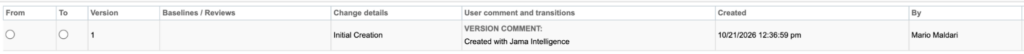 Jama Connect version history showing an item created with Jama Intelligence